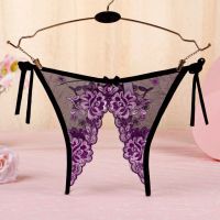 P567 - Celana Dalam Wanita Panties Thong Seksi Hitam Transparan Bunga Ungu Crotchless Ikat Samping