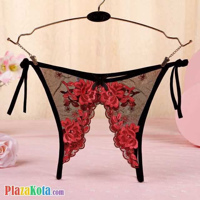 P568 - Celana Dalam Wanita Panties Thong Seksi Hitam Transparan Bunga Merah Crotchless Ikat Samping - Photo 1