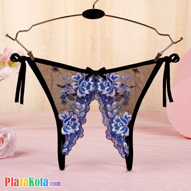 P569 - Celana Dalam Wanita Panties Thong Seksi Hitam Transparan Bunga Biru Crotchless Ikat Samping - Photo 1