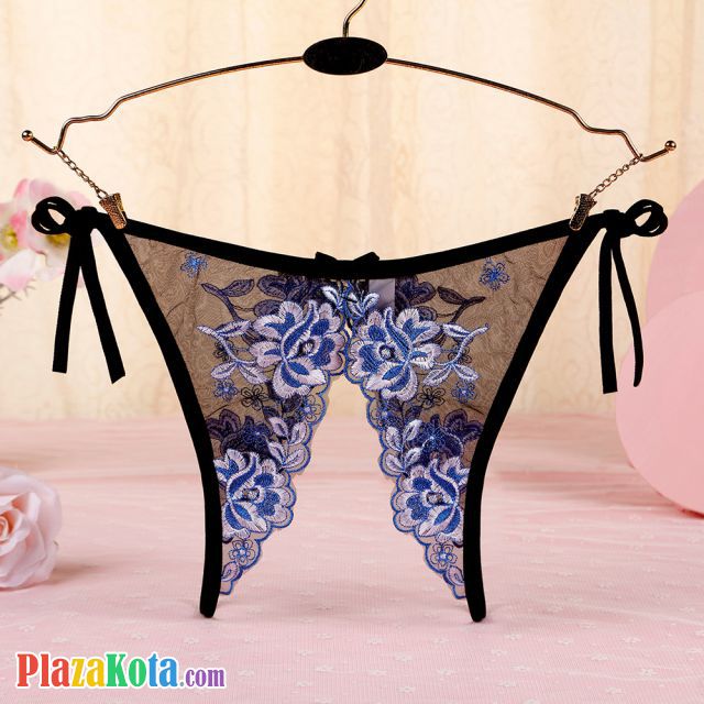 P569 - Celana Dalam Wanita Panties Thong Seksi Hitam Transparan Bunga Biru Crotchless Ikat Samping - Photo 2