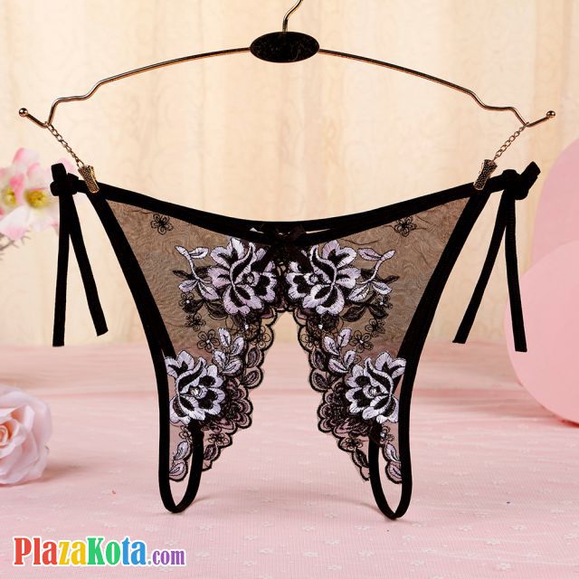 P570 - Celana Dalam Wanita Panties Thong Seksi Hitam Transparan Bunga Hitam Crotchless Ikat Samping - Photo 1