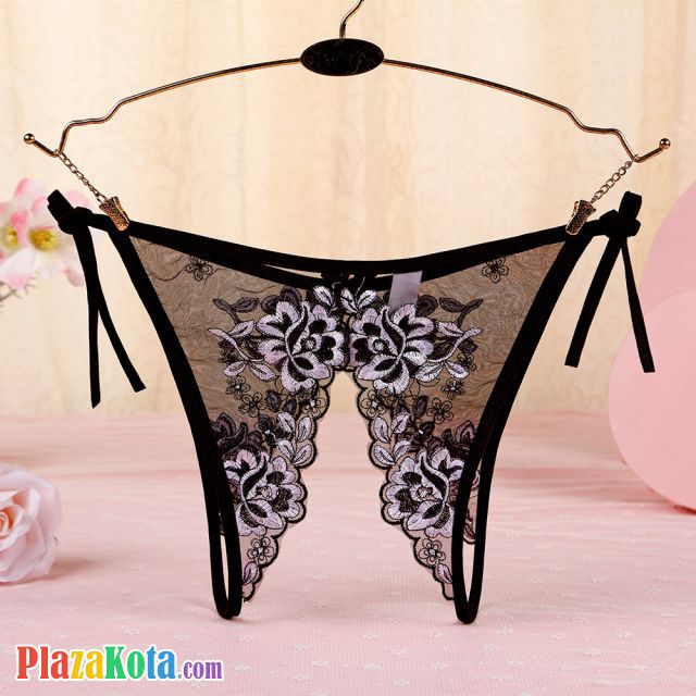P570 - Celana Dalam Wanita Panties Thong Seksi Hitam Transparan Bunga Hitam Crotchless Ikat Samping - Photo 2