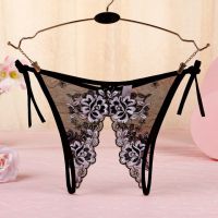 P570 - Celana Dalam Wanita Panties Thong Seksi Hitam Transparan Bunga Hitam Crotchless Ikat Samping - 2