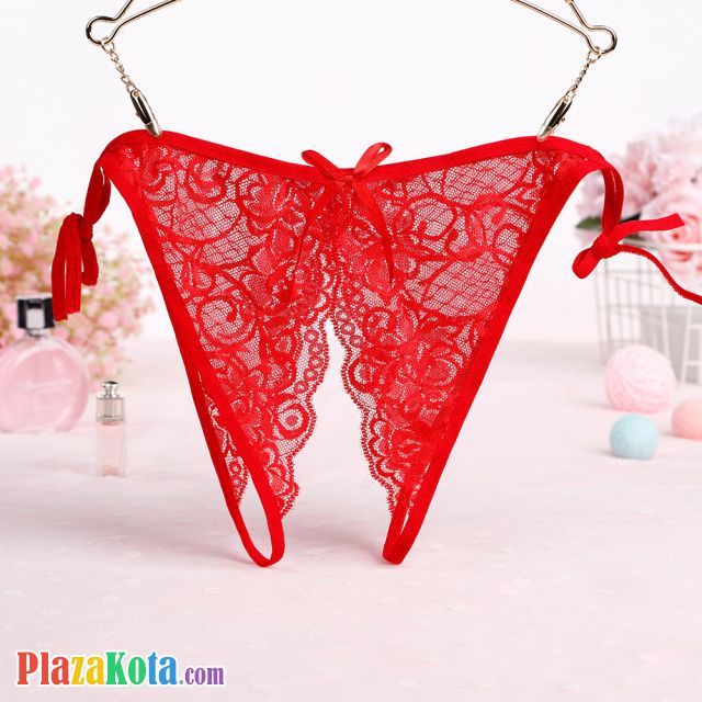 P582 - Celana Dalam Wanita Panties Thong Seksi Merah Transparan Crotchless Ikat Samping - Photo 1