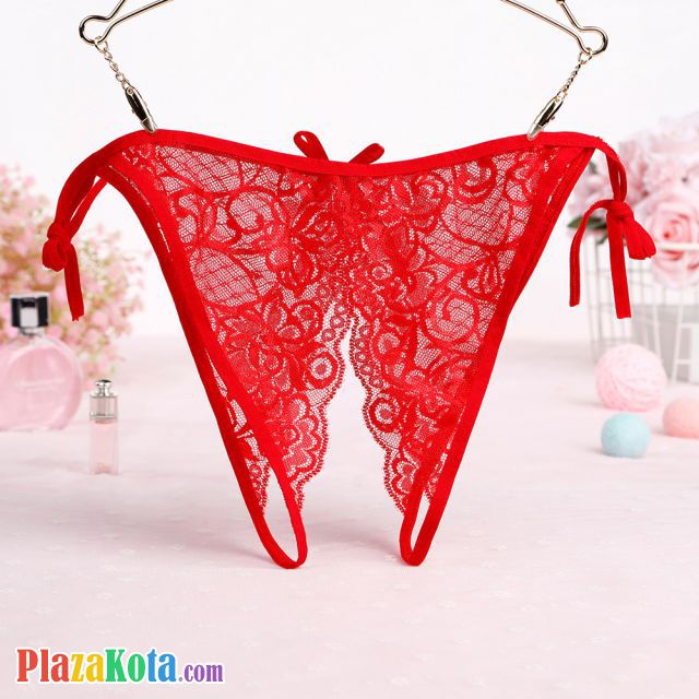 P582 - Celana Dalam Wanita Panties Thong Seksi Merah Transparan Crotchless Ikat Samping - Photo 2