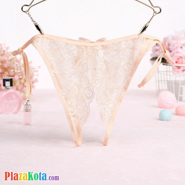 P583 - Celana Dalam Wanita Panties Thong Seksi Krem Transparan Crotchless Ikat Samping - Photo 2