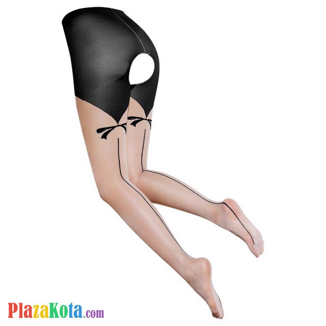 S046 - Stocking Pantyhose Celana Hitam Krem Transparan Crotchless Garis Lurus - Photo 2
