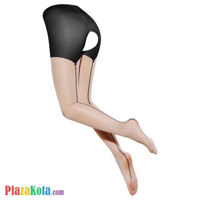 S047 - Stocking Pantyhose Celana Hitam Krem Transparan Crotchless Garis Gelombang - Photo 2