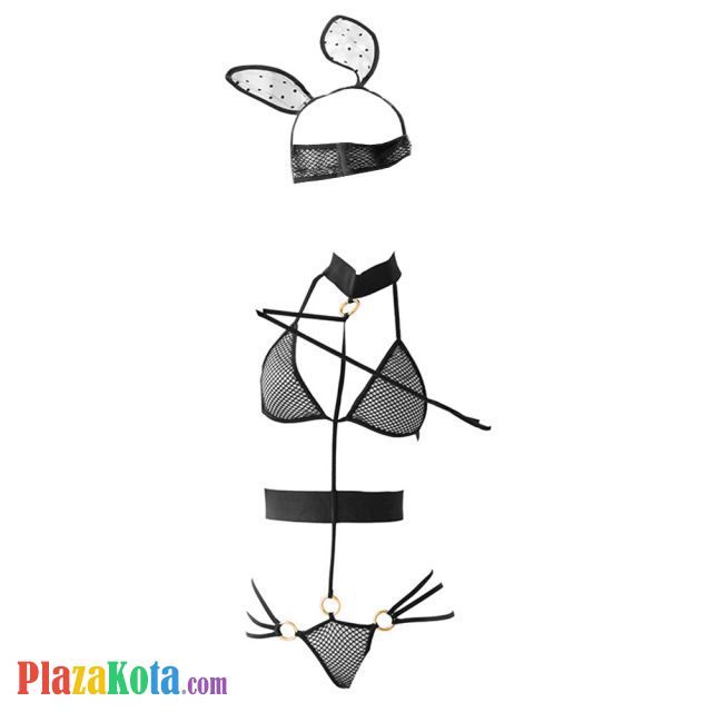 L1227 - Lingerie Costume Cosplay Seksi Tema Kelinci Playboy Bunny Girl Halter Hitam Transparan Bando Topeng Wajah - Photo 1