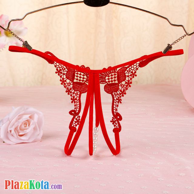 GS324 - Celana Dalam Wanita G-String Mutiara Seksi T-Back Crotchless Merah - Photo 2