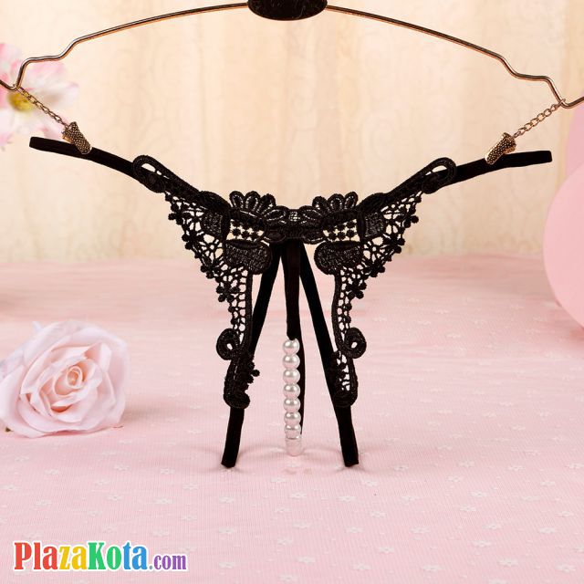 GS326 - Celana Dalam Wanita G-String Mutiara Seksi T-Back Crotchless Hitam - Photo 1