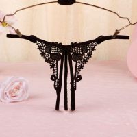GS326 - Celana Dalam Wanita G-String Mutiara Seksi T-Back Crotchless Hitam - 2