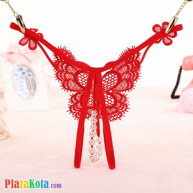 GS336 - Celana Dalam Wanita G-String Mutiara Seksi T-Back Kupu-Kupu Crotchless Merah - Photo 2