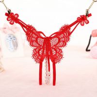 GS336 - Celana Dalam Wanita G-String Mutiara Seksi T-Back Kupu-Kupu Crotchless Merah