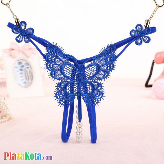 GS337 - Celana Dalam Wanita G-String Mutiara Seksi T-Back Kupu-Kupu Crotchless Biru - Photo 1