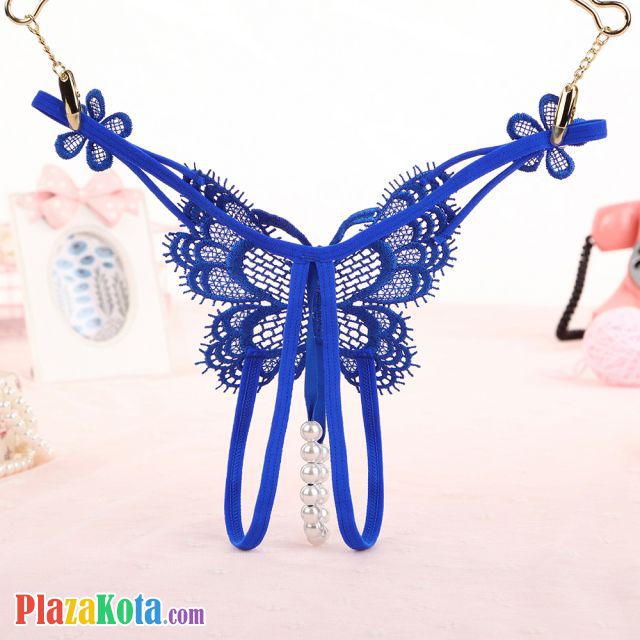 GS337 - Celana Dalam Wanita G-String Mutiara Seksi T-Back Kupu-Kupu Crotchless Biru - Photo 2