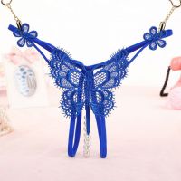 GS337 - Celana Dalam Wanita G-String Mutiara Seksi T-Back Kupu-Kupu Crotchless Biru