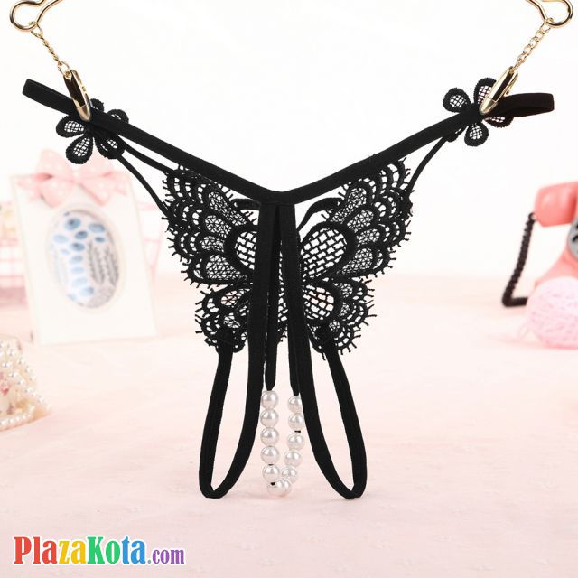 GS338 - Celana Dalam Wanita G-String Mutiara Seksi T-Back Kupu-Kupu Crotchless Hitam - Photo 2