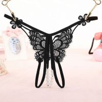 GS338 - Celana Dalam Wanita G-String Mutiara Seksi T-Back Kupu-Kupu Crotchless Hitam - 2