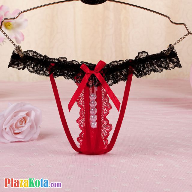 GS348 - Celana Dalam Wanita G-String Mutiara Seksi Merah Karet Hitam - Photo 1