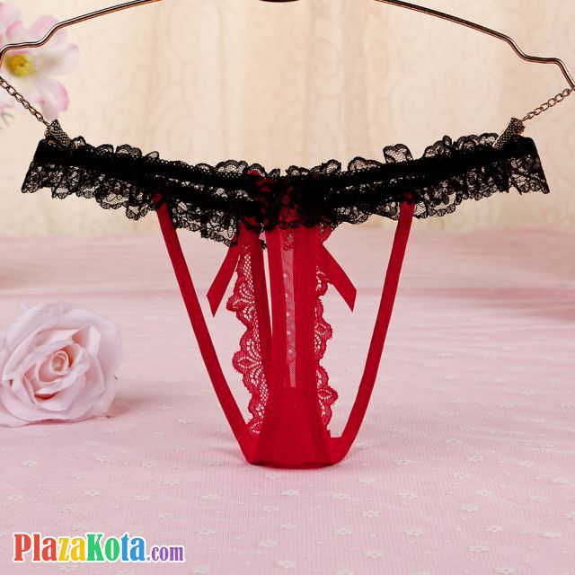 GS348 - Celana Dalam Wanita G-String Mutiara Seksi Merah Karet Hitam - Photo 2