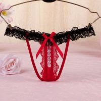 GS348 - Celana Dalam Wanita G-String Mutiara Seksi Merah Karet Hitam