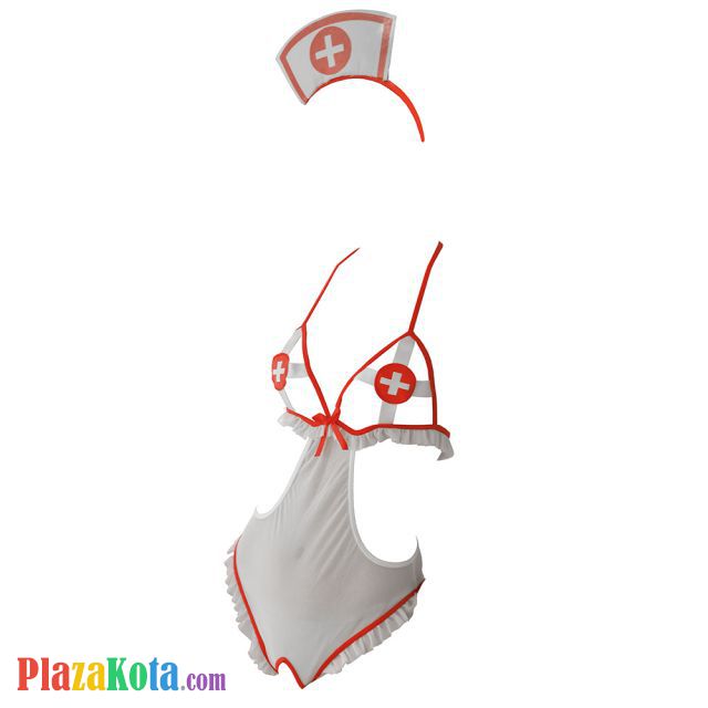L1245 - Lingerie Costume Cosplay Seksi Tema Suster Perawat Nurse Halter Putih Transparan Crotchless Bando - Photo 1