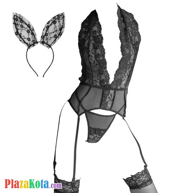 L1251 - Baju Tidur Dinas Malam Wanita Lingerie Set Stocking Seksi Halter Hitam Transparan Garter Strap - Photo 1