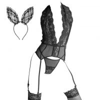 L1251 - Baju Tidur Dinas Malam Wanita Lingerie Set Stocking Seksi Halter Hitam Transparan Garter Strap