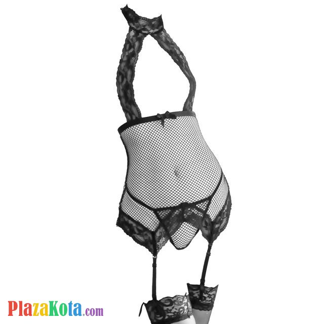 L1255 - Baju Tidur Dinas Malam Wanita Lingerie Set Stocking Seksi Halter Hitam Transparan Garter Strap - Photo 1