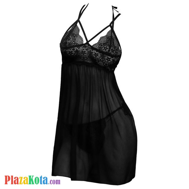 L1260 - Baju Tidur Dinas Malam Wanita Lingerie Babydoll Mini Dress Seksi Tali Silang Hitam Transparan Open Cup - Photo 1