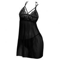 L1260 - Baju Tidur Dinas Malam Wanita Lingerie Babydoll Mini Dress Seksi Tali Silang Hitam Transparan Open Cup