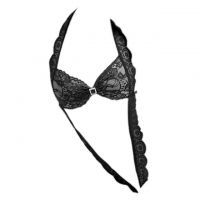 L1269 - Baju Tidur Dinas Malam Wanita Lingerie Teddy Bodysuit Seksi Halter Hitam Transparan Crotchless