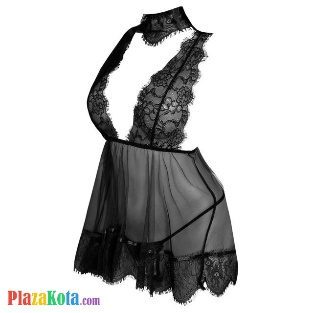 L1272 - Baju Tidur Dinas Malam Wanita Lingerie Babydoll Mini Dress Seksi Tali Silang Hitam Transparan Kalung Choker - Photo 1