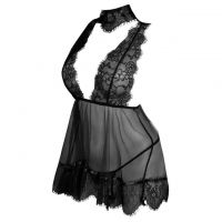 L1272 - Baju Tidur Dinas Malam Wanita Lingerie Babydoll Mini Dress Seksi Tali Silang Hitam Transparan Kalung Choker