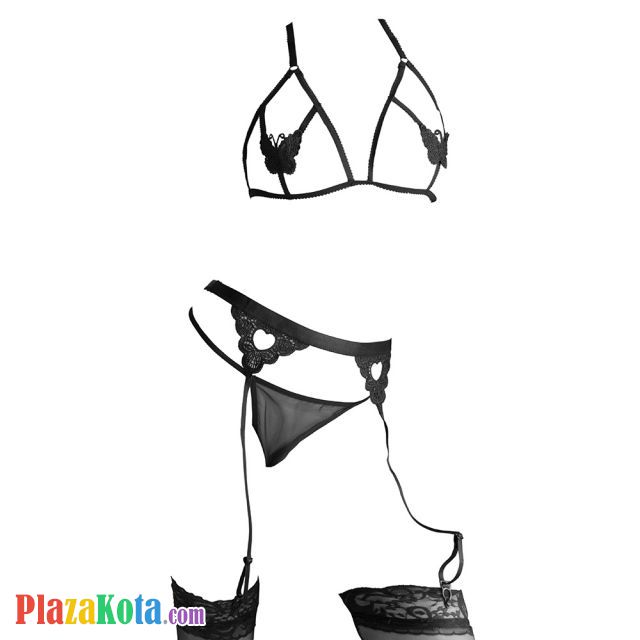 B350 - Pakaian Dalam Wanita Bra Set Bralette Seksi Halter Open Cup Hitam Transparan Garter Belt Stocking - Photo 1