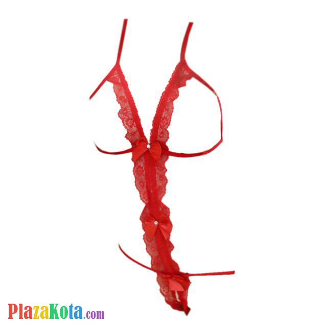 L1274 - Baju Tidur Dinas Malam Wanita Lingerie Teddy Bodysuit Seksi Halter Merah Transparan Open Cup Crotchless - Photo 1