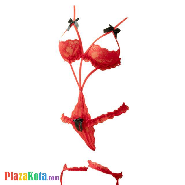 L1277 - Baju Tidur Dinas Malam Wanita Lingerie Teddy Bodysuit Seksi Merah Transparan Open Cup Garter Paha - Photo 1