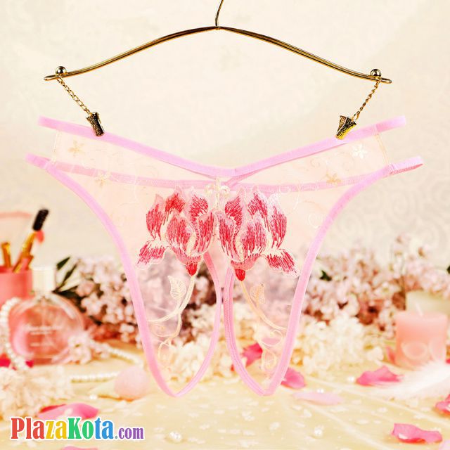 P630 - Celana Dalam Wanita Panties Hipster Seksi Pink Transparan Crotchless Bordir Bunga Tali 2 - Photo 1