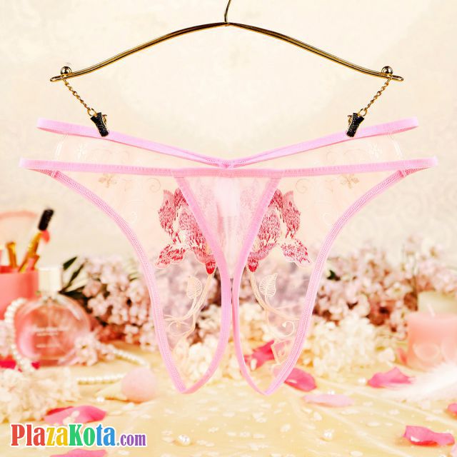 P630 - Celana Dalam Wanita Panties Hipster Seksi Pink Transparan Crotchless Bordir Bunga Tali 2 - Photo 2