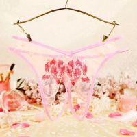 P630 - Celana Dalam Wanita Panties Hipster Seksi Pink Transparan Crotchless Bordir Bunga Tali 2