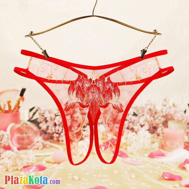 P632 - Celana Dalam Wanita Panties Hipster Seksi Merah Transparan Crotchless Bordir Bunga Tali 2 - Photo 1