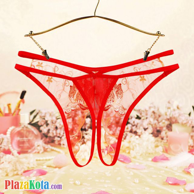 P632 - Celana Dalam Wanita Panties Hipster Seksi Merah Transparan Crotchless Bordir Bunga Tali 2 - Photo 2