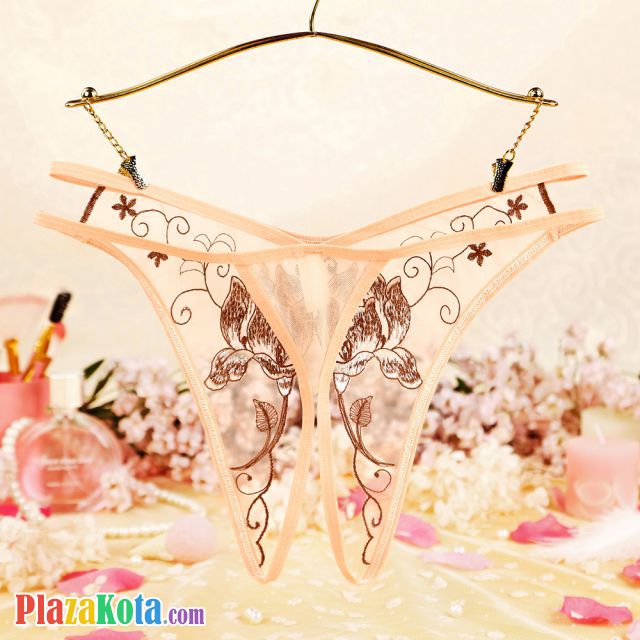 P634 - Celana Dalam Wanita Panties Hipster Seksi Krem Transparan Crotchless Bordir Bunga Tali 2 - Photo 2
