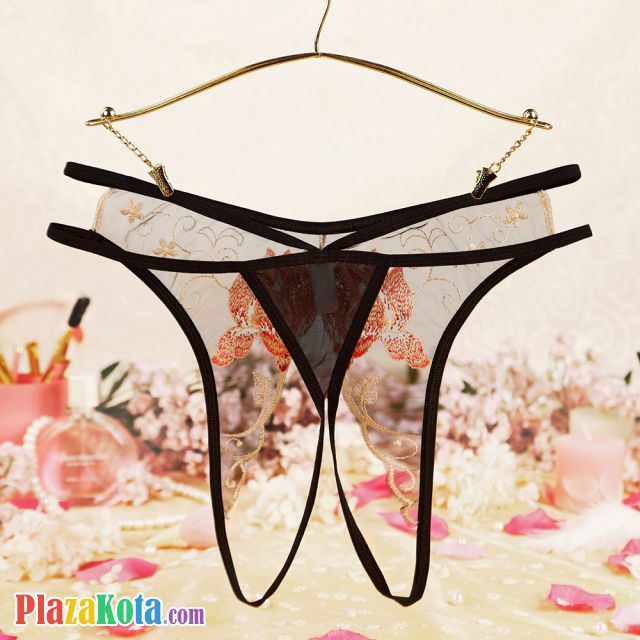 P636 - Celana Dalam Wanita Panties Hipster Seksi Hitam Transparan Crotchless Bordir Bunga Tali 2 - Photo 2