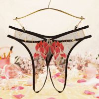 P636 - Celana Dalam Wanita Panties Hipster Seksi Hitam Transparan Crotchless Bordir Bunga Tali 2
