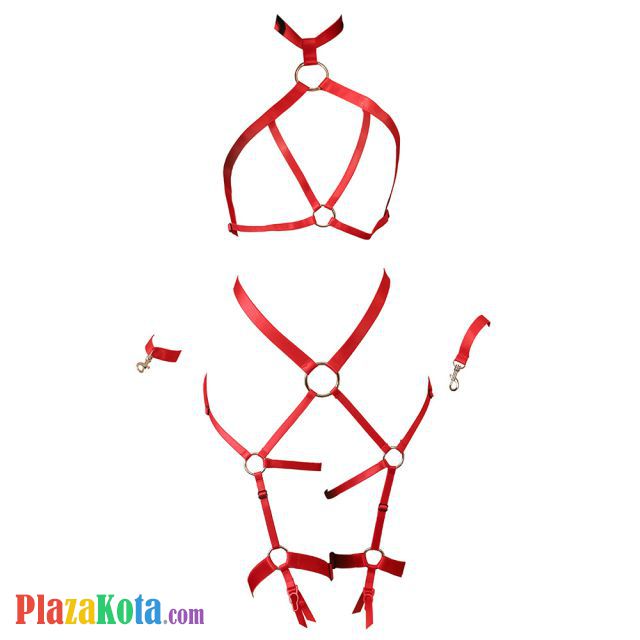 B354 - Pakaian Dalam Wanita Bra Set Bralette Seksi Halter Open Cup Merah Crotchless Gelang Wristband - Photo 1