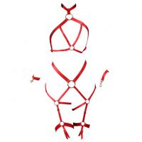 B354 - Pakaian Dalam Wanita Bra Set Bralette Seksi Halter Open Cup Merah Crotchless Gelang Wristband