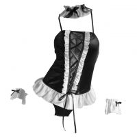 L1283 - Lingerie Costume Cosplay Seksi Tema Pelayan Maid Waitress Tali Silang Hitam Kalung Choker Gelang Wristband