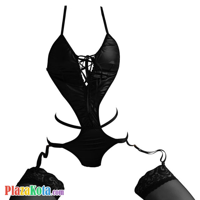 L1290 - Baju Tidur Dinas Malam Wanita Lingerie Set Stocking Seksi Tali Silang Hitam Garter - Photo 1